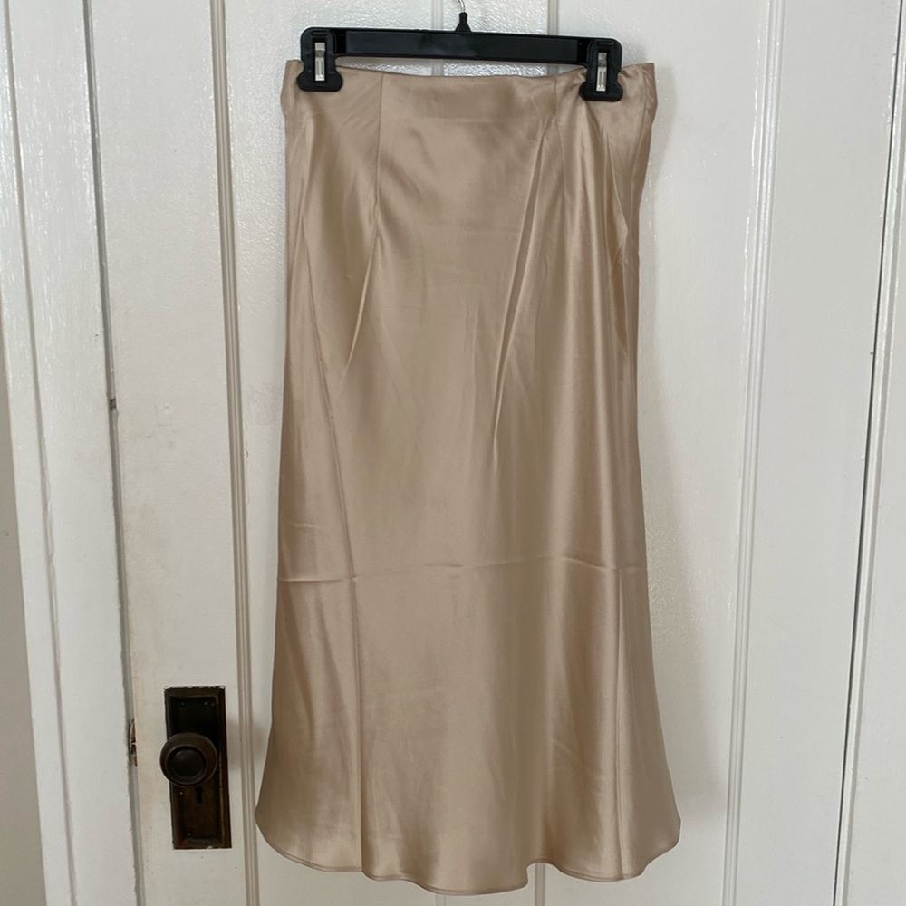 Quince Satin Bias Midi Skirt in Beige Taupe